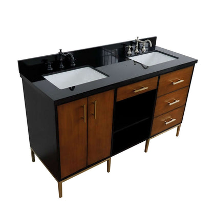 61" Double sink vanity in Walnut and Black finish and Black galaxy granite and rectangle sink - 400900-61D-WB-BGR