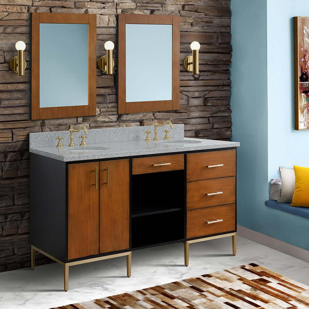 61" Double sink vanity in Walnut and Black finish and Gray granite and oval sink - 400900-61D-WB-GYO