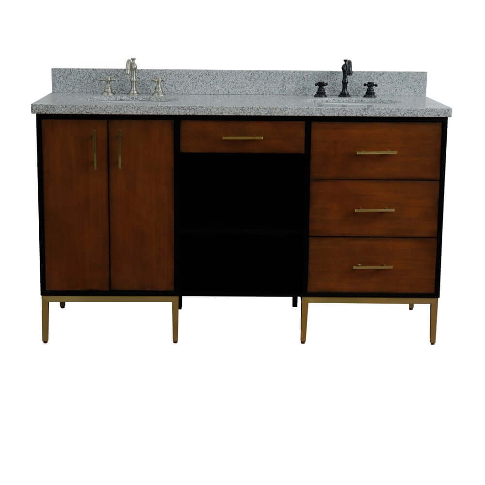 61" Double sink vanity in Walnut and Black finish and Gray granite and oval sink - 400900-61D-WB-GYO