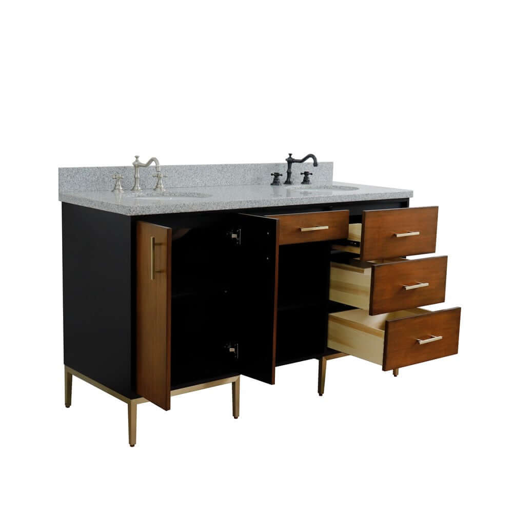 61" Double sink vanity in Walnut and Black finish and Gray granite and oval sink - 400900-61D-WB-GYO