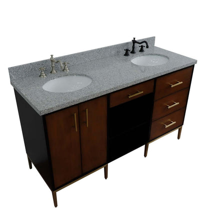 61" Double sink vanity in Walnut and Black finish and Gray granite and oval sink - 400900-61D-WB-GYO