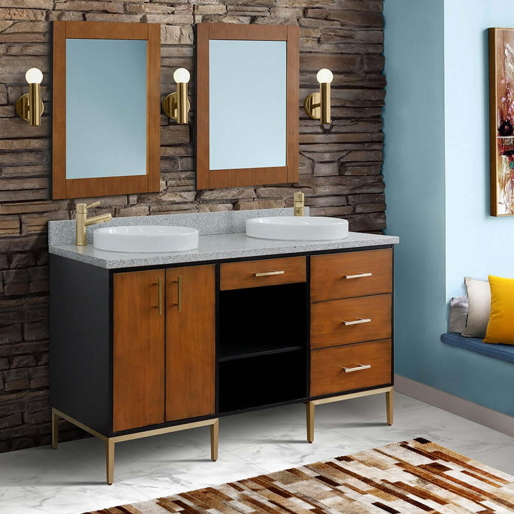 61" Double sink vanity in Walnut and Black finish and Gray granite and round sink - 400900-61D-WB-GYRD