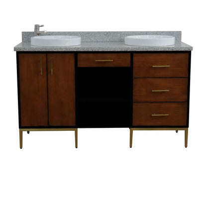 61" Double sink vanity in Walnut and Black finish and Gray granite and round sink - 400900-61D-WB-GYRD