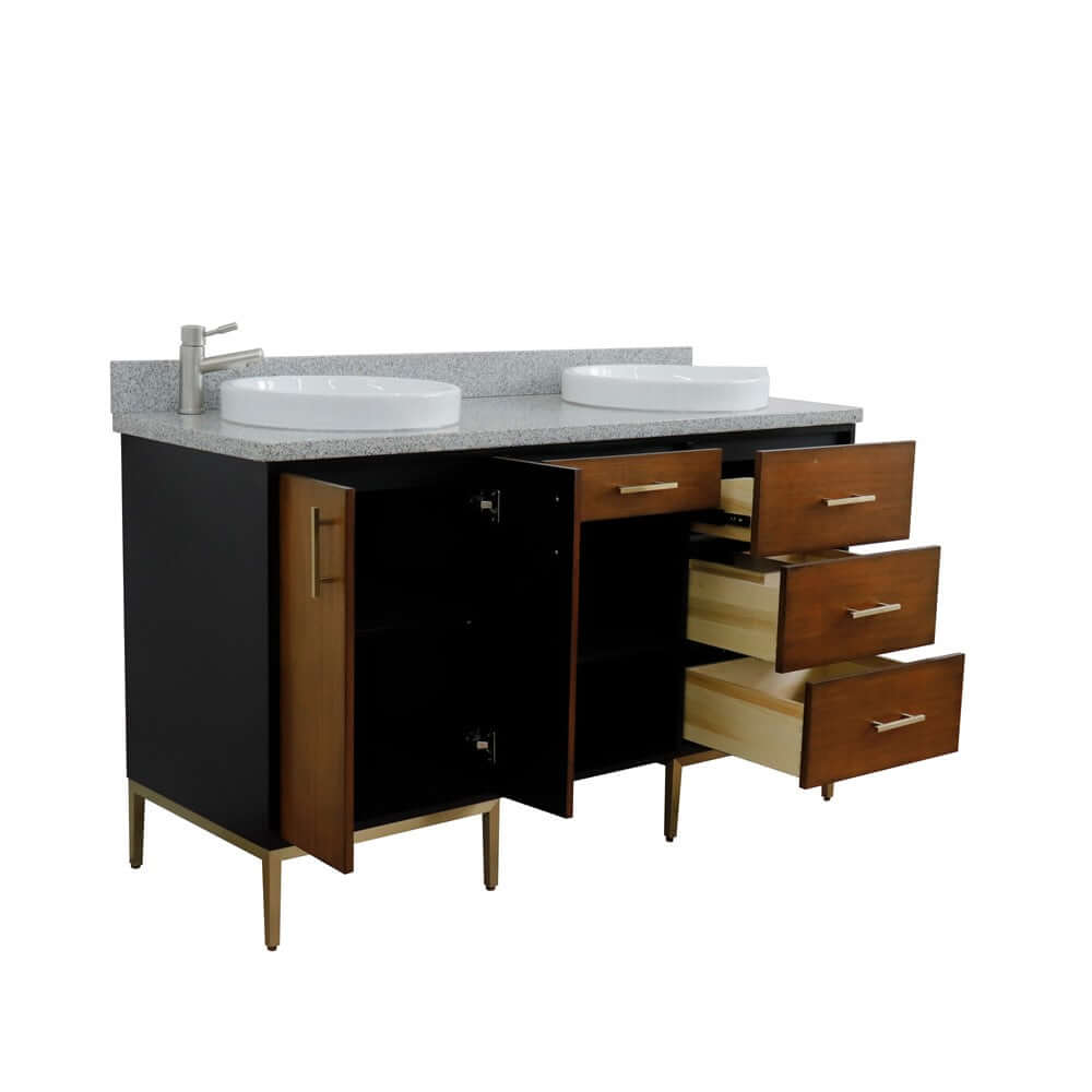 61" Double sink vanity in Walnut and Black finish and Gray granite and round sink - 400900-61D-WB-GYRD