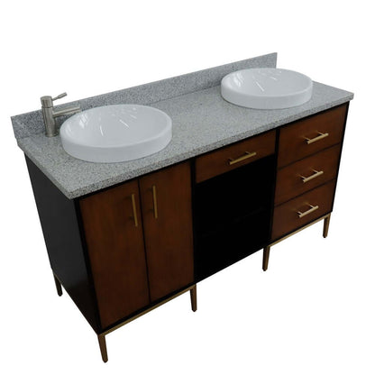 61" Double sink vanity in Walnut and Black finish and Gray granite and round sink - 400900-61D-WB-GYRD