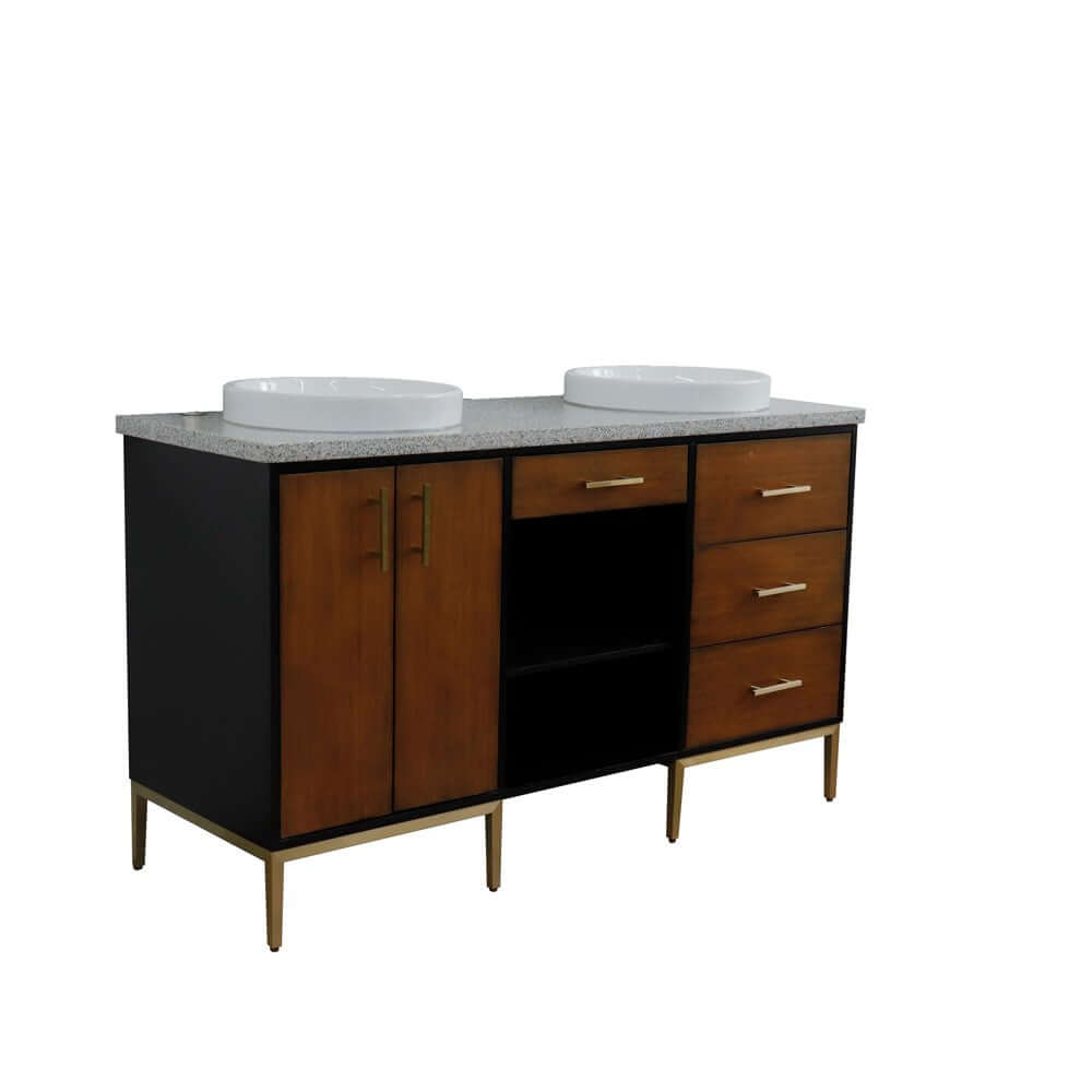 61" Double sink vanity in Walnut and Black finish and Gray granite and round sink - 400900-61D-WB-GYRD