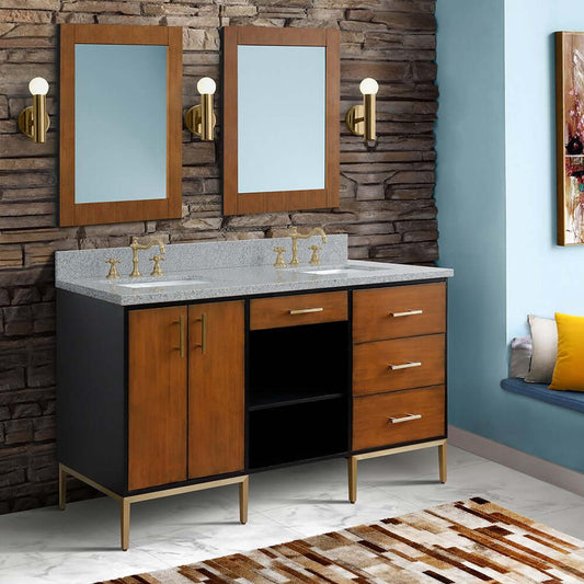 61" Double sink vanity in Walnut and Black finish and Gray granite and rectangle sink - 400900-61D-WB-GYR