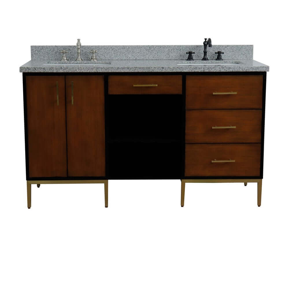 61" Double sink vanity in Walnut and Black finish and Gray granite and rectangle sink - 400900-61D-WB-GYR