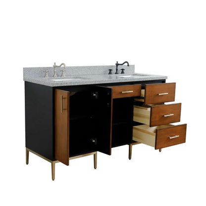 61" Double sink vanity in Walnut and Black finish and Gray granite and rectangle sink - 400900-61D-WB-GYR