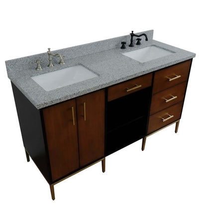 61" Double sink vanity in Walnut and Black finish and Gray granite and rectangle sink - 400900-61D-WB-GYR