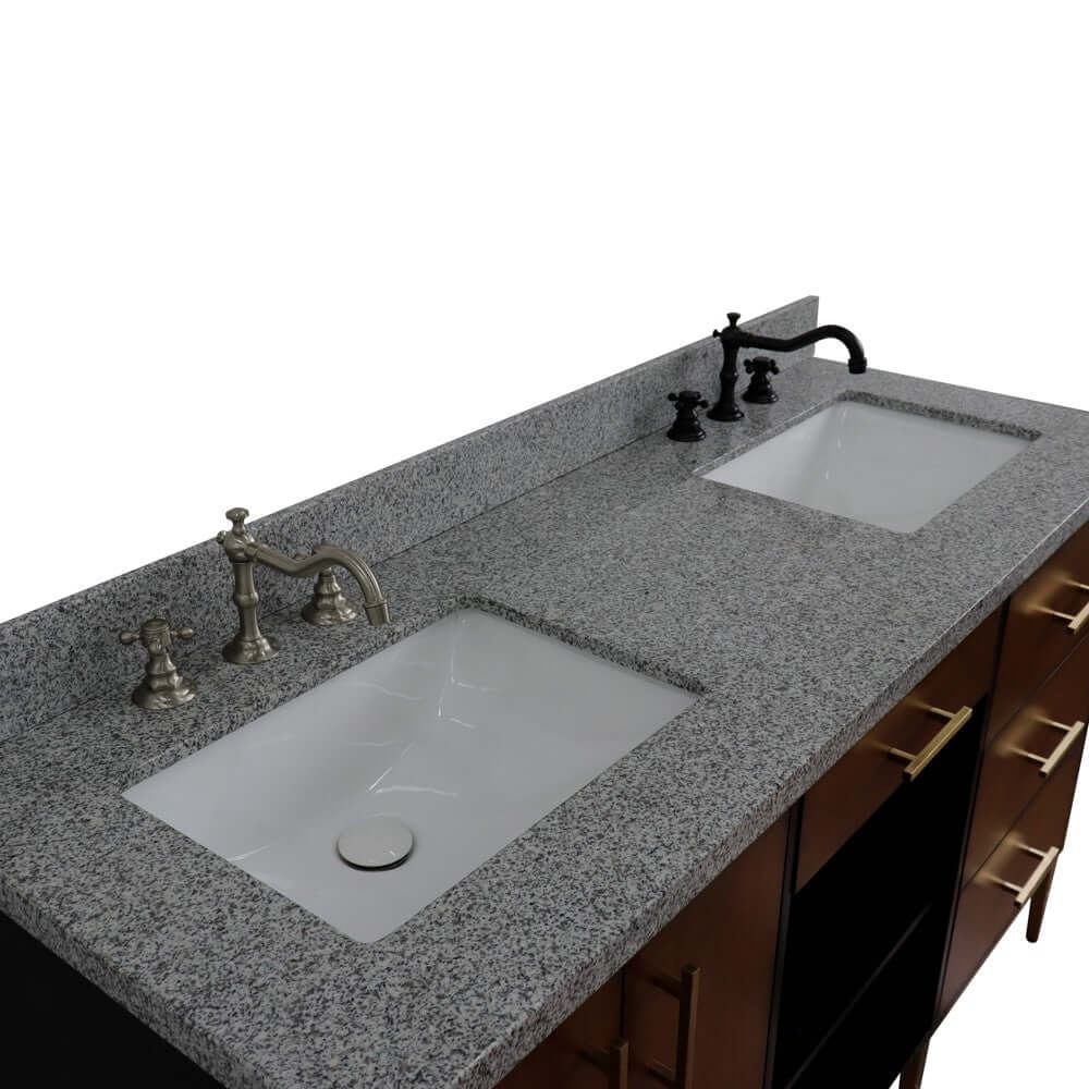 61" Double sink vanity in Walnut and Black finish and Gray granite and rectangle sink - 400900-61D-WB-GYR