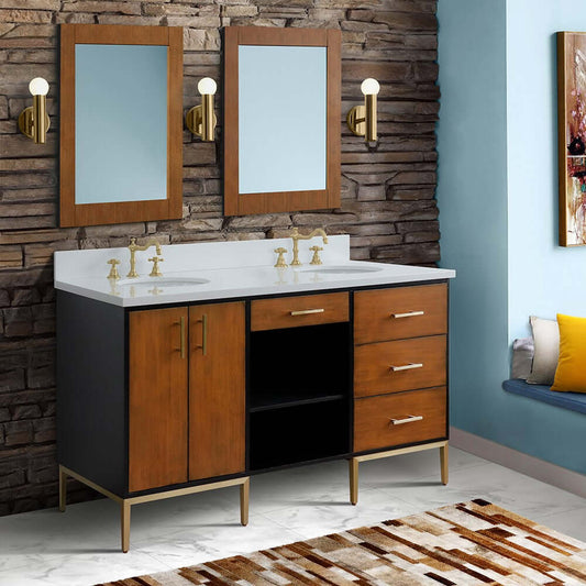 61" Double sink vanity in Walnut and Black finish and White quartz and oval sink - 400900-61D-WB-WEO