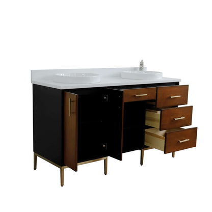 61" Double sink vanity in Walnut and Black finish and White quartz and round sink - 400900-61D-WB-WERD