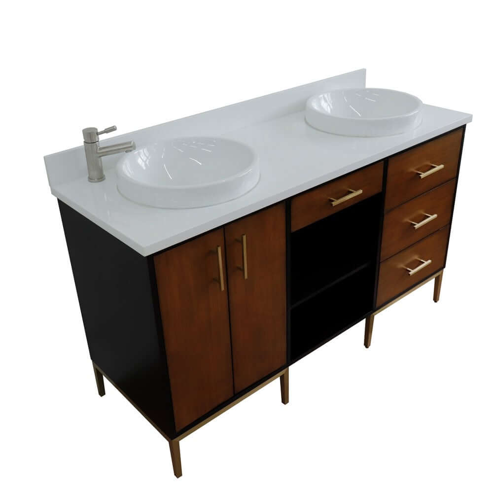 61" Double sink vanity in Walnut and Black finish and White quartz and round sink - 400900-61D-WB-WERD