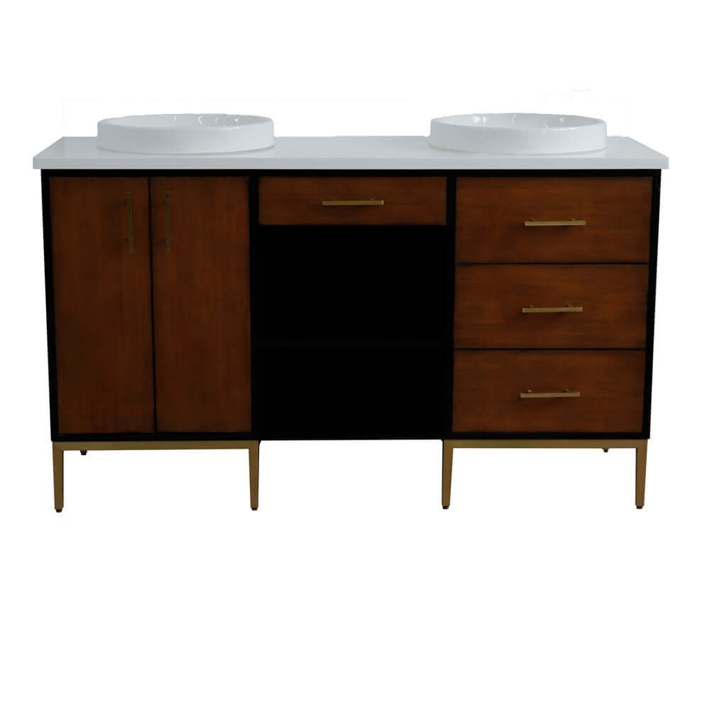 61" Double sink vanity in Walnut and Black finish and White quartz and round sink - 400900-61D-WB-WERD