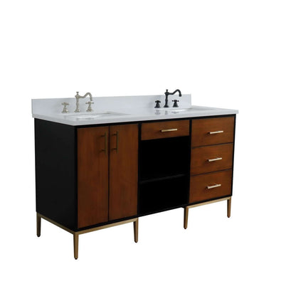 61" Double sink vanity in Walnut and Black finish and White quartz and rectangle sink - 400900-61D-WB-WER