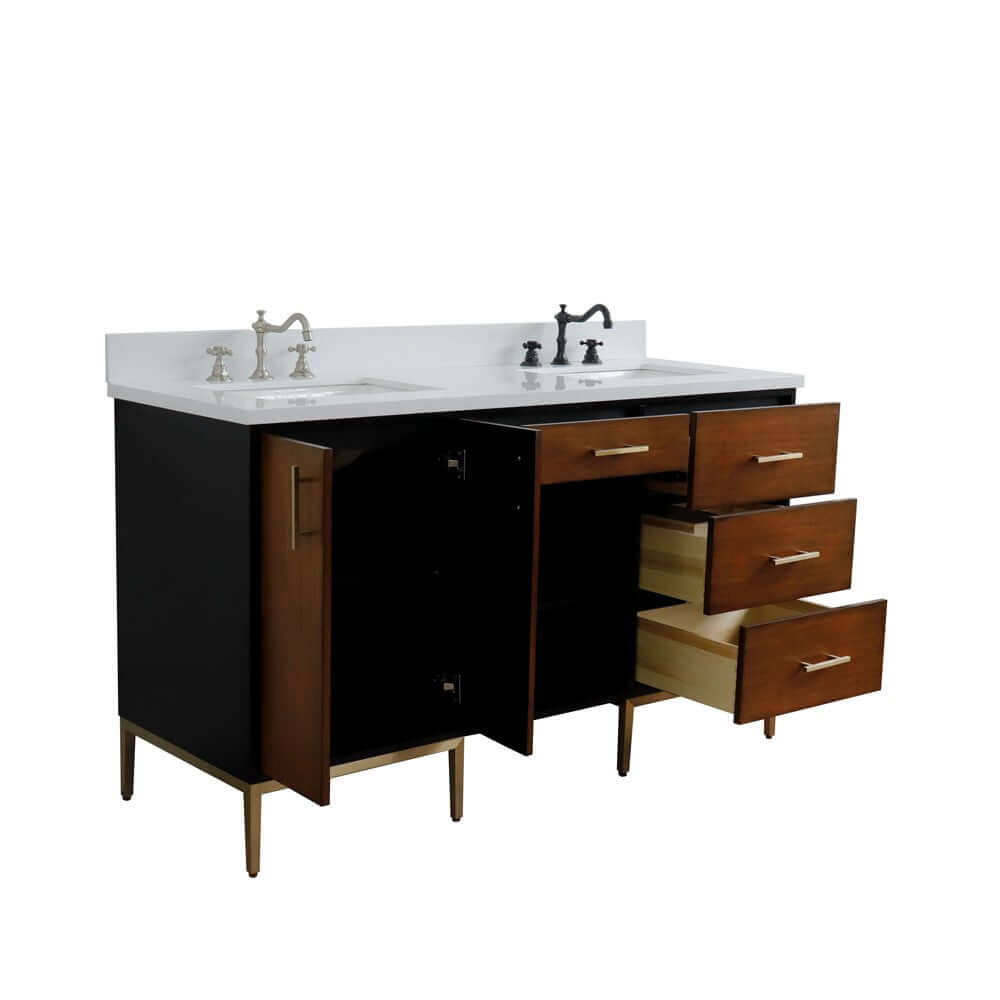 61" Double sink vanity in Walnut and Black finish and White quartz and rectangle sink - 400900-61D-WB-WER