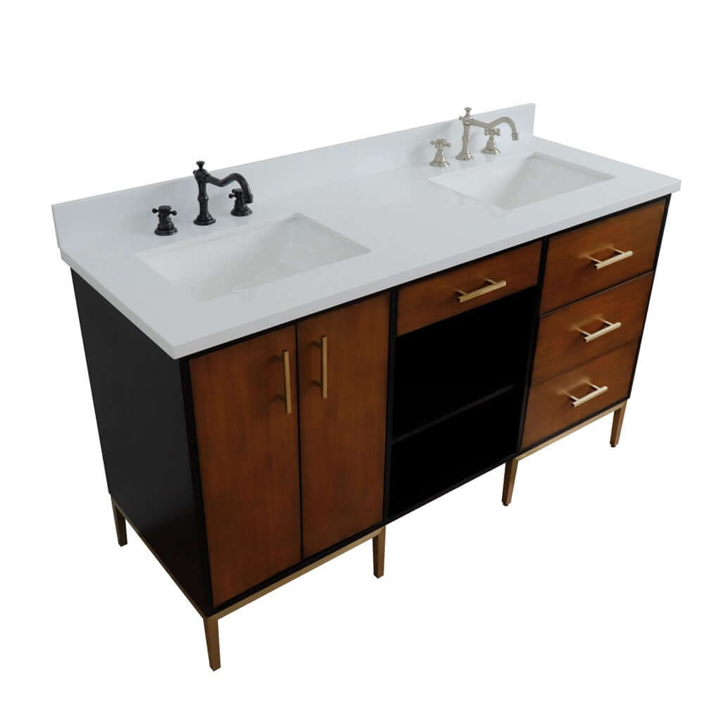 61" Double sink vanity in Walnut and Black finish and White quartz and rectangle sink - 400900-61D-WB-WER