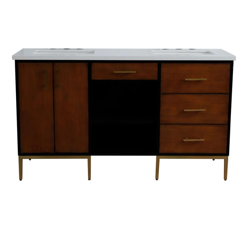 61" Double sink vanity in Walnut and Black finish and White quartz and rectangle sink - 400900-61D-WB-WER