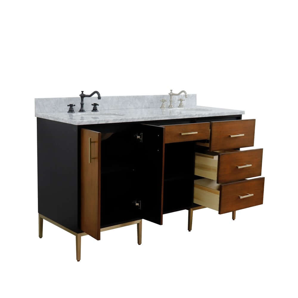 61" Double sink vanity in Walnut and Black finish and White Carrara marble and oval sink - 400900-61D-WB-WMO