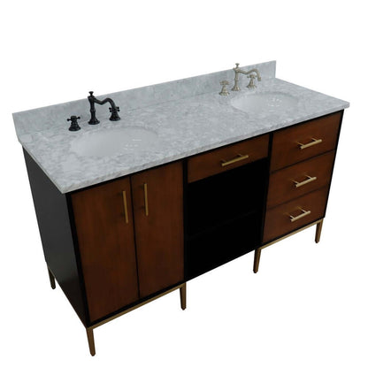 61" Double sink vanity in Walnut and Black finish and White Carrara marble and oval sink - 400900-61D-WB-WMO