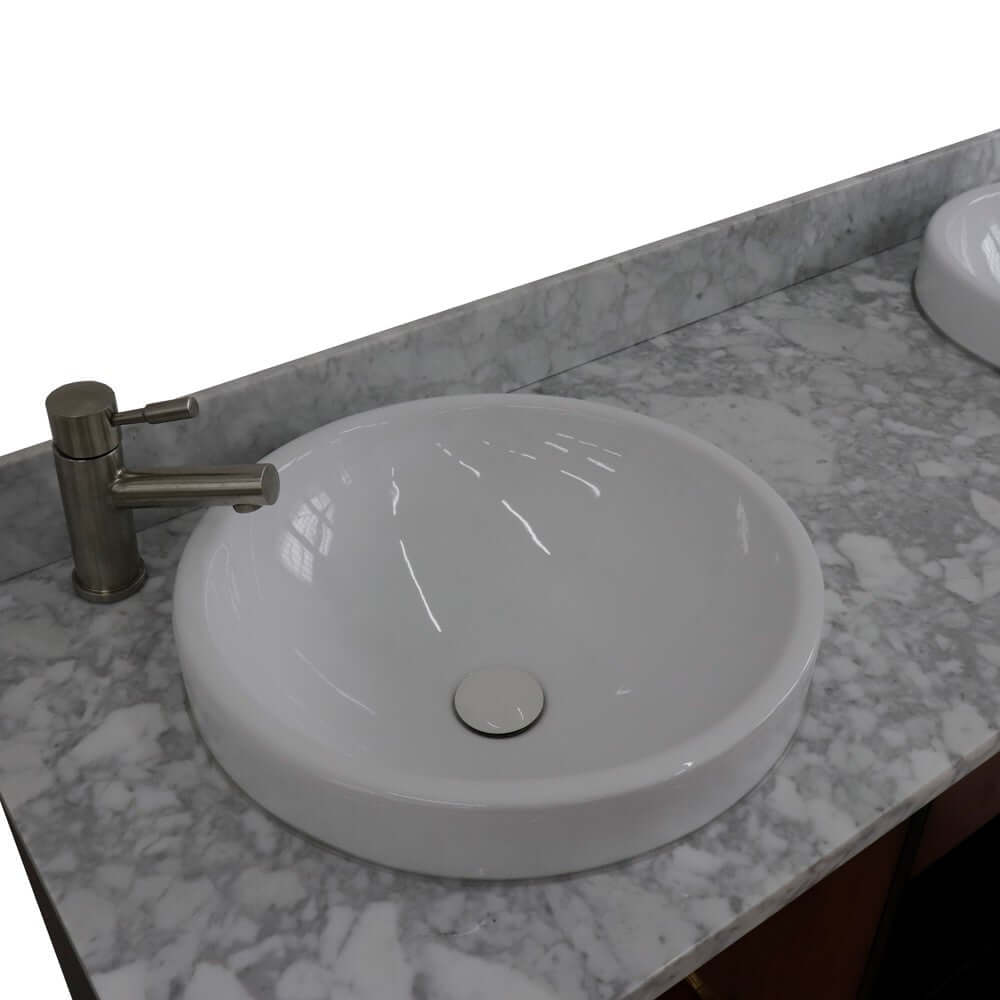 61" Double sink vanity in Walnut and Black finish and White Carrara marble and round sink - 400900-61D-WB-WMRD