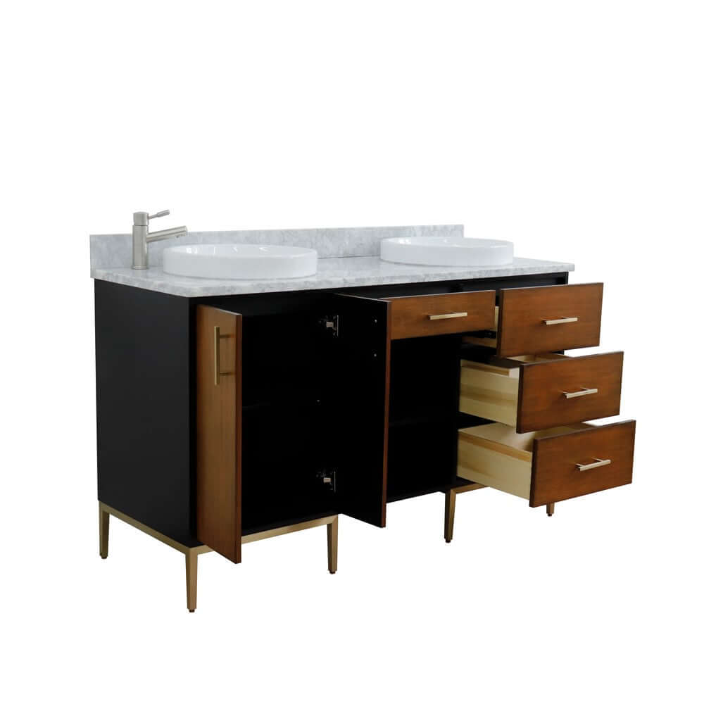 61" Double sink vanity in Walnut and Black finish and White Carrara marble and round sink - 400900-61D-WB-WMRD