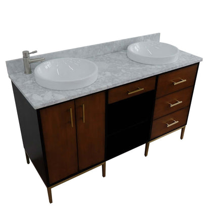 61" Double sink vanity in Walnut and Black finish and White Carrara marble and round sink - 400900-61D-WB-WMRD