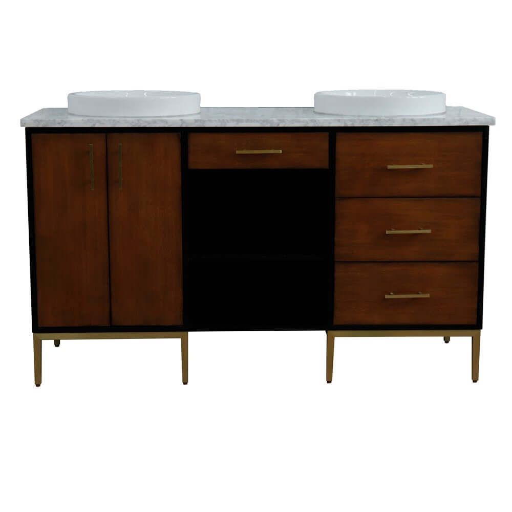 61" Double sink vanity in Walnut and Black finish and White Carrara marble and round sink - 400900-61D-WB-WMRD