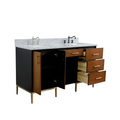 61" Double sink vanity in Walnut and Black finish and White Carrara marble and rectangle sink - 400900-61D-WB-WMR