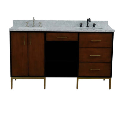 61" Double sink vanity in Walnut and Black finish and White Carrara marble and rectangle sink - 400900-61D-WB-WMR