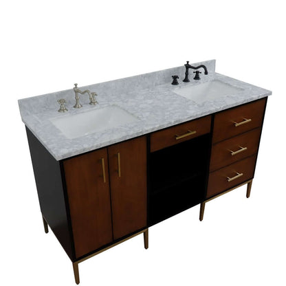 61" Double sink vanity in Walnut and Black finish and White Carrara marble and rectangle sink - 400900-61D-WB-WMR