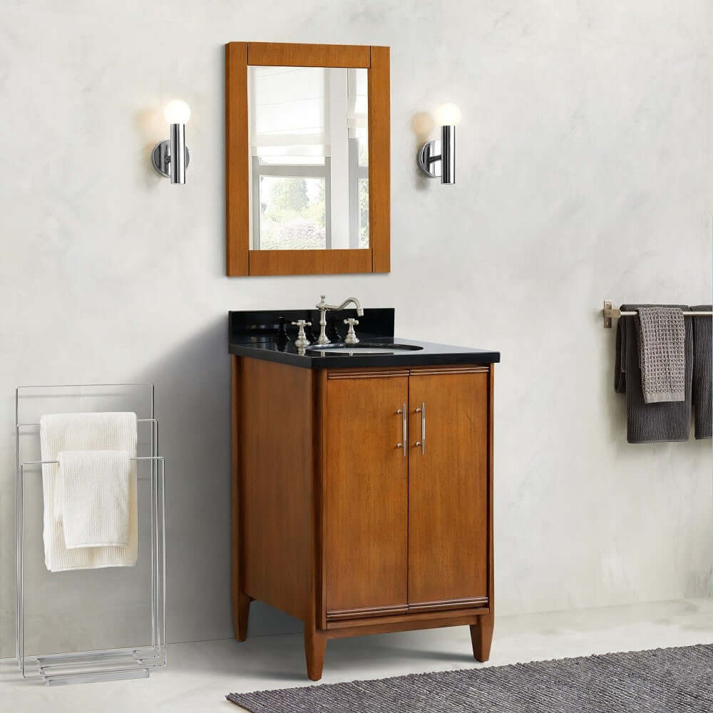 25" Single sink vanity in Walnut finish with Black galaxy granite and oval sink - 400901-25-WA-BGO