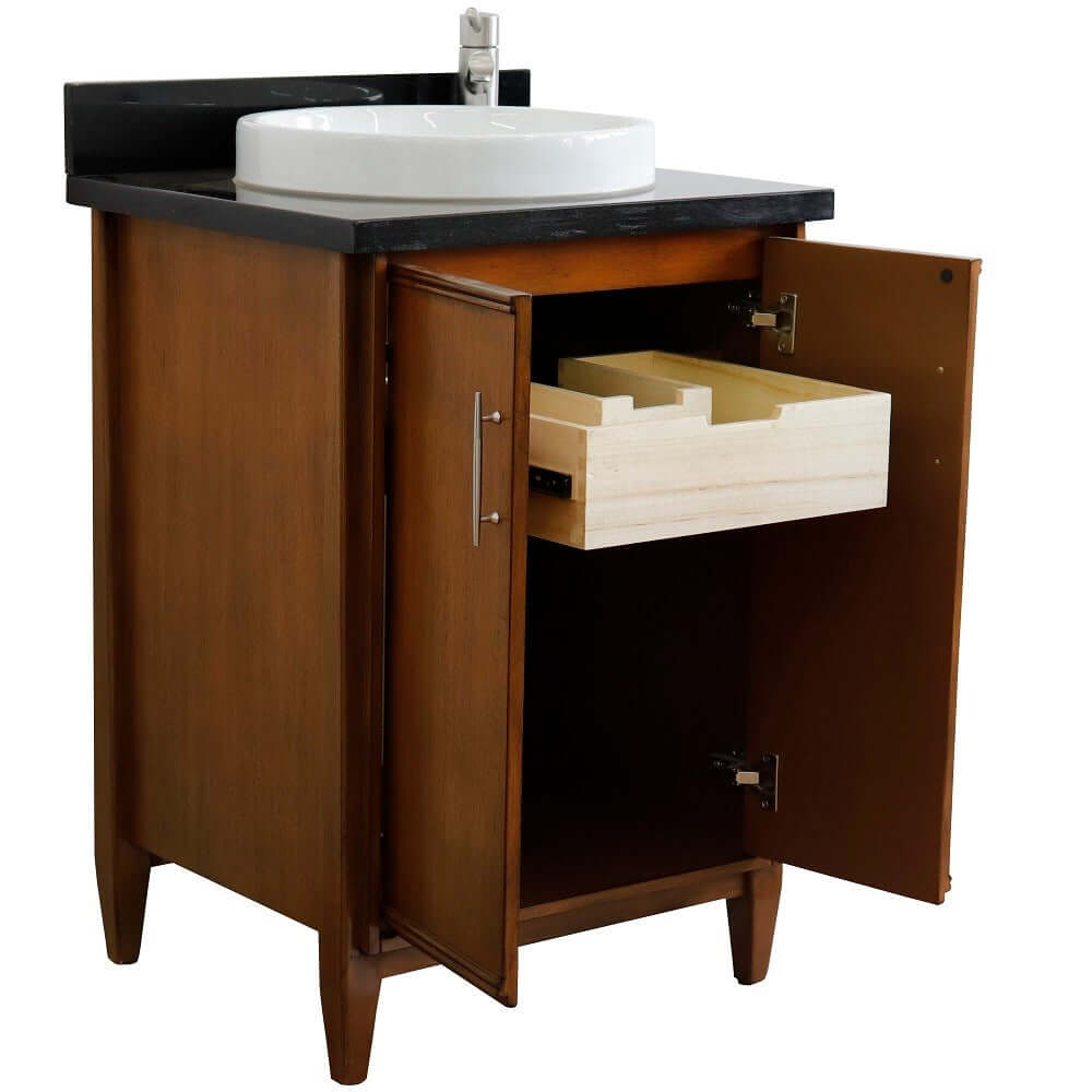 25" Single sink vanity in Walnut finish with Black galaxy granite and round sink - 400901-25-WA-BGRD