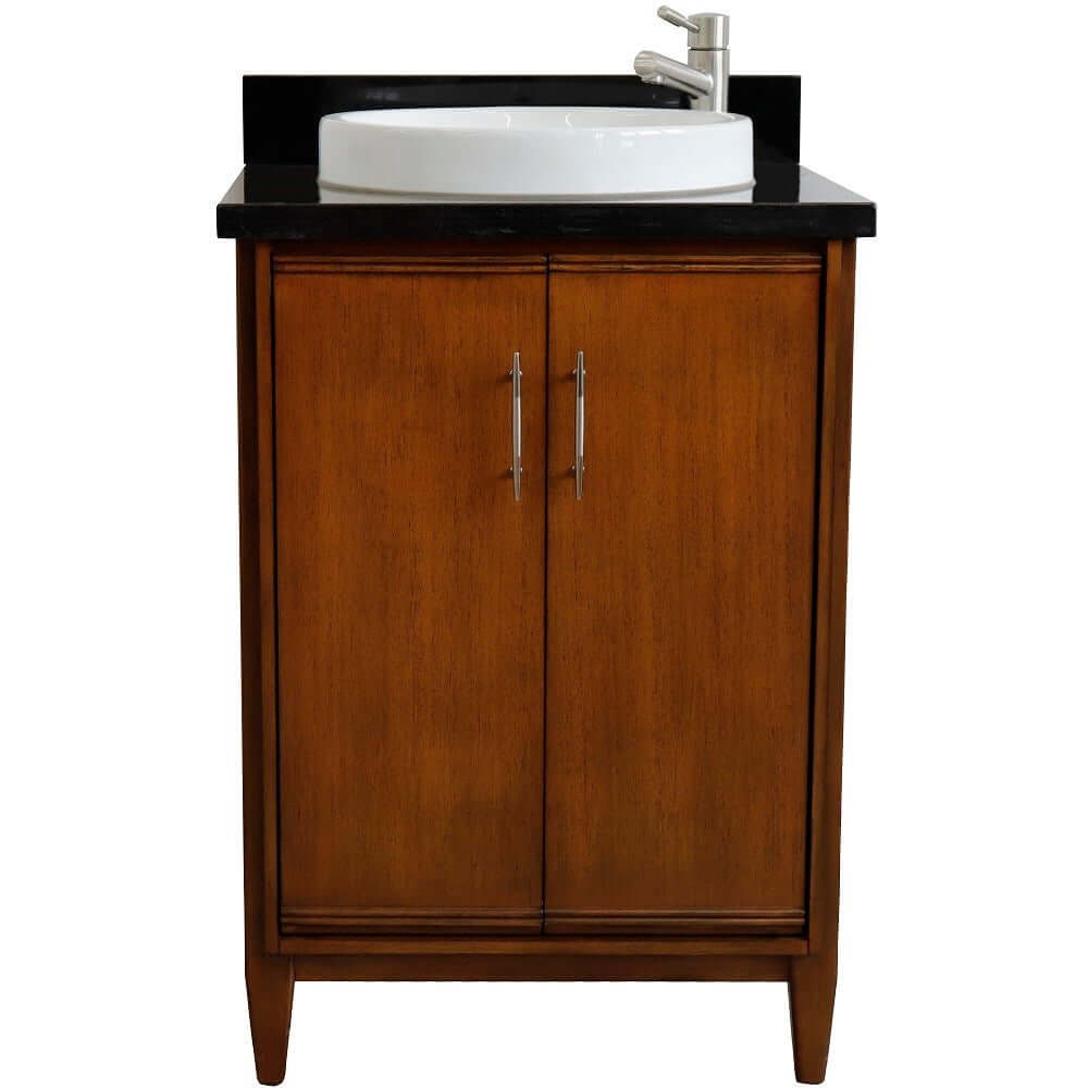 25" Single sink vanity in Walnut finish with Black galaxy granite and round sink - 400901-25-WA-BGRD