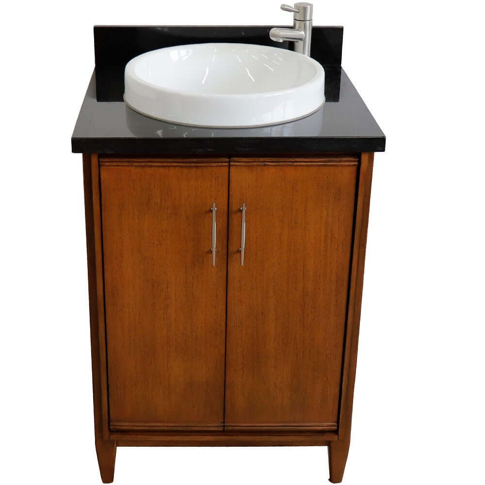 25" Single sink vanity in Walnut finish with Black galaxy granite and round sink - 400901-25-WA-BGRD