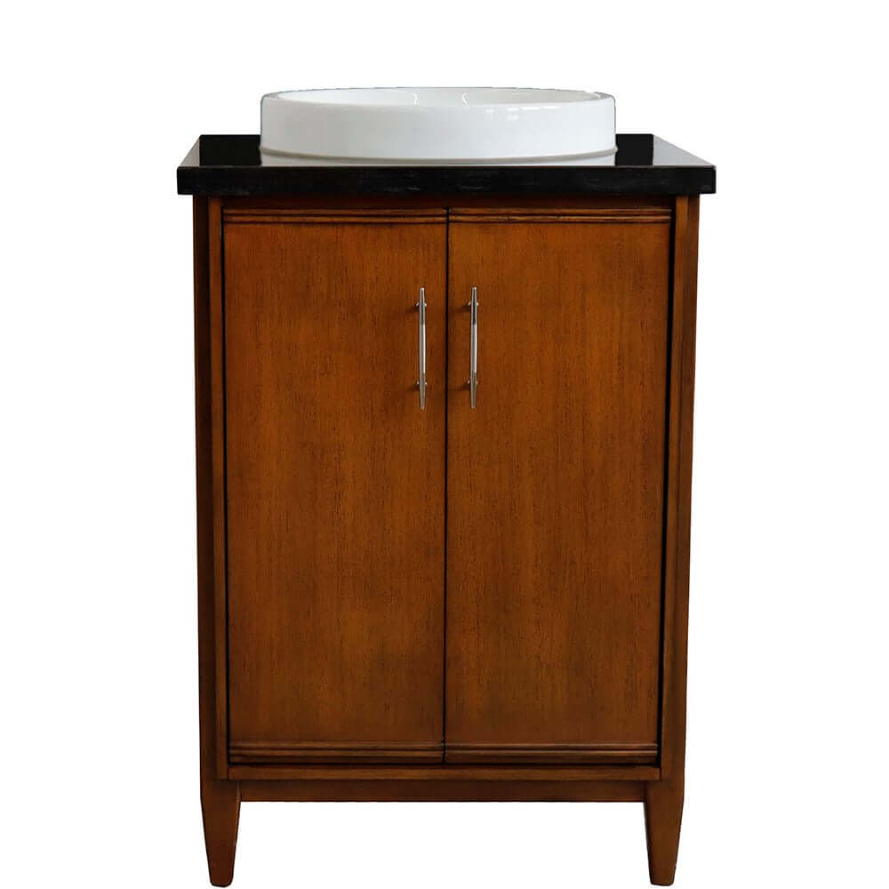 25" Single sink vanity in Walnut finish with Black galaxy granite and round sink - 400901-25-WA-BGRD