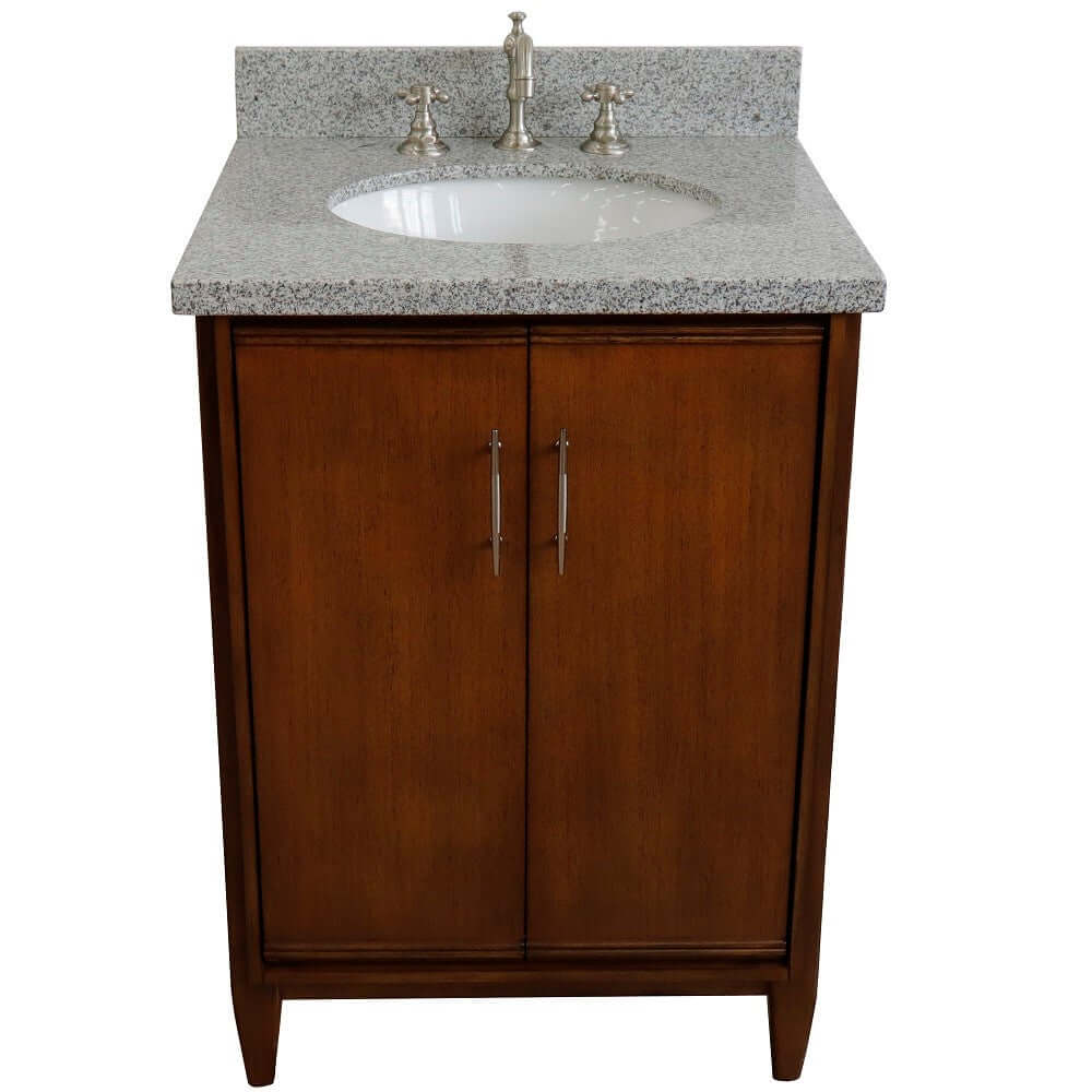 25" Single sink vanity in Walnut finish with Gray granite and oval sink - 400901-25-WA-GYO