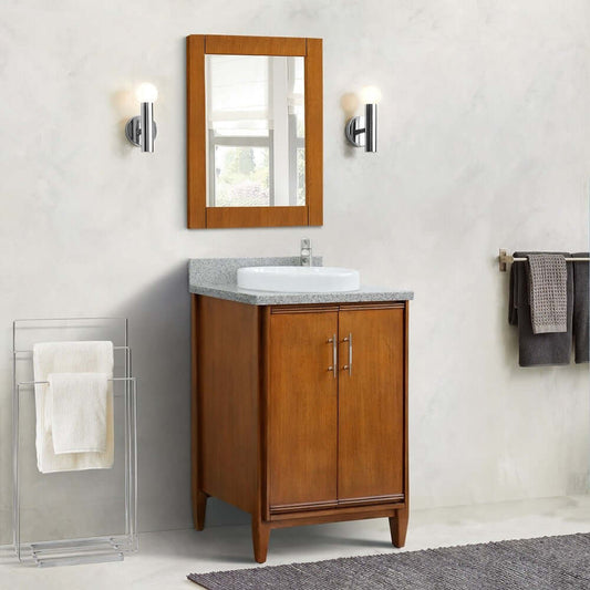 25" Single sink vanity in Walnut finish with Gray granite and round sink - 400901-25-WA-GYRD