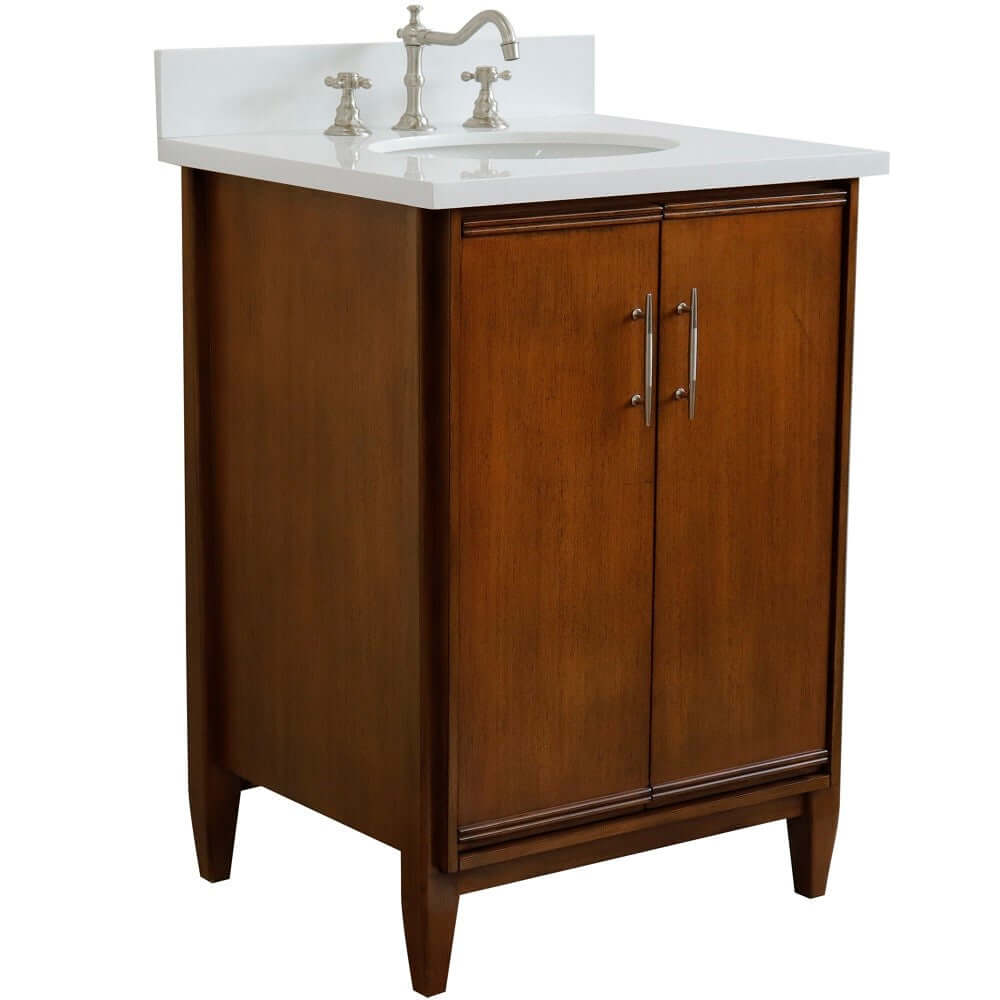 25" Single sink vanity in Walnut finish with White quartz and oval sink - 400901-25-WA-WEO