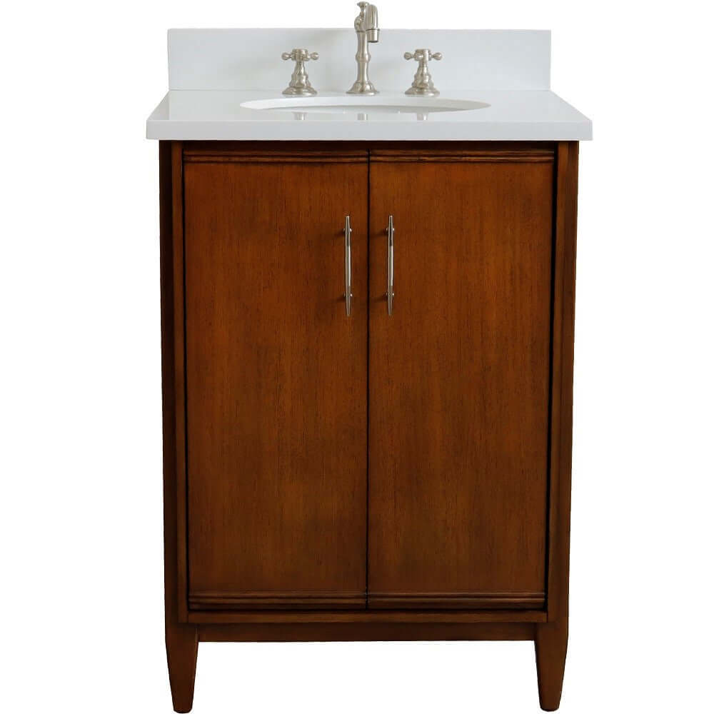 25" Single sink vanity in Walnut finish with White quartz and oval sink - 400901-25-WA-WEO