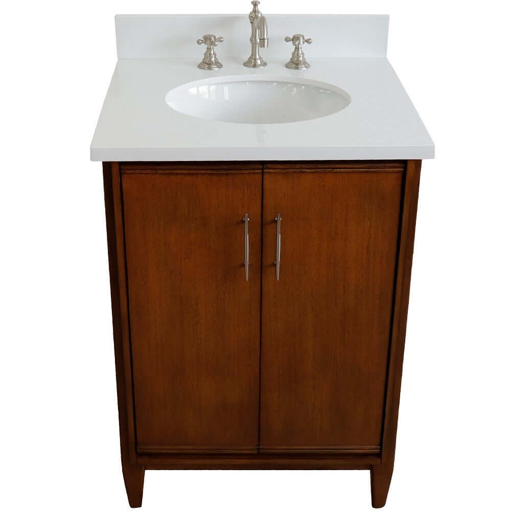 25" Single sink vanity in Walnut finish with White quartz and oval sink - 400901-25-WA-WEO