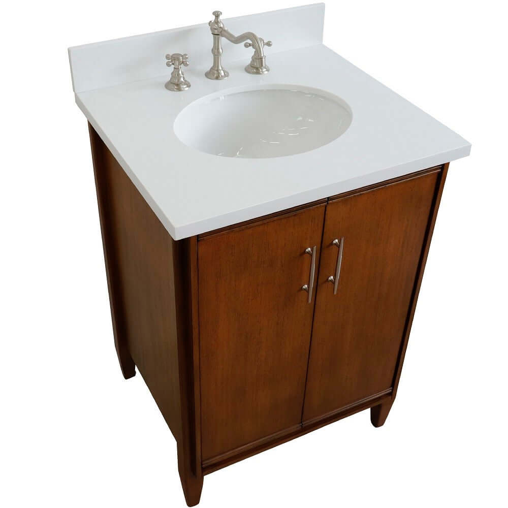 25" Single sink vanity in Walnut finish with White quartz and oval sink - 400901-25-WA-WEO