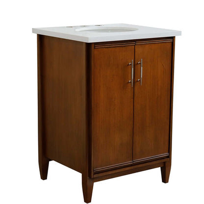 25" Single sink vanity in Walnut finish with White quartz and oval sink - 400901-25-WA-WEO