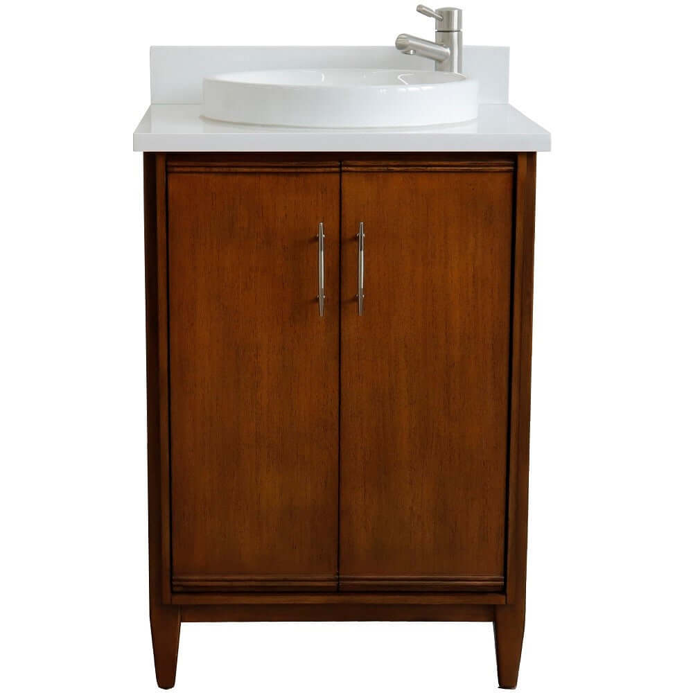 25" Single sink vanity in Walnut finish with White quartz and round sink - 400901-25-WA-WERD