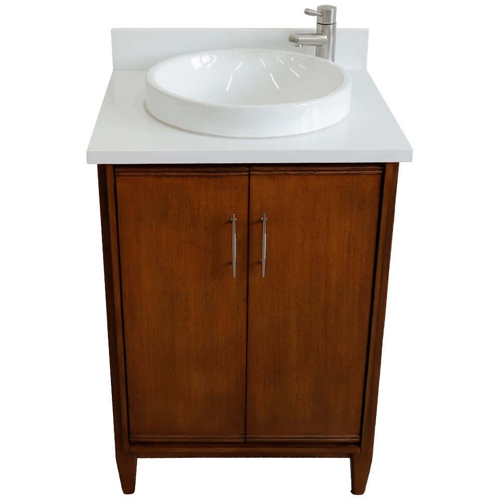 25" Single sink vanity in Walnut finish with White quartz and round sink - 400901-25-WA-WERD