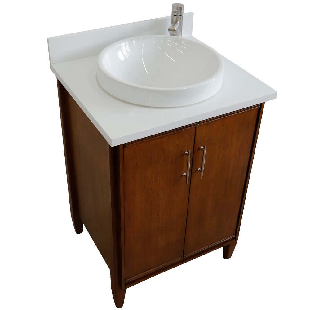 25" Single sink vanity in Walnut finish with White quartz and round sink - 400901-25-WA-WERD