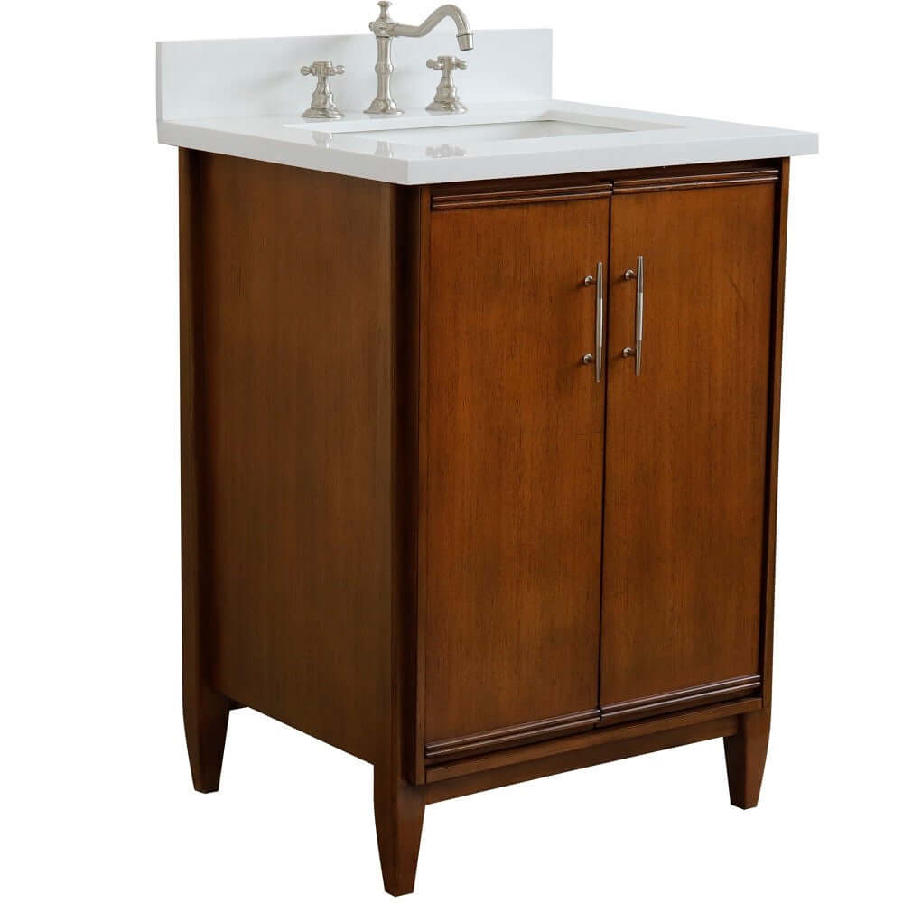 25" Single sink vanity in Walnut finish with White quartz and rectangle sink - 400901-25-WA-WER