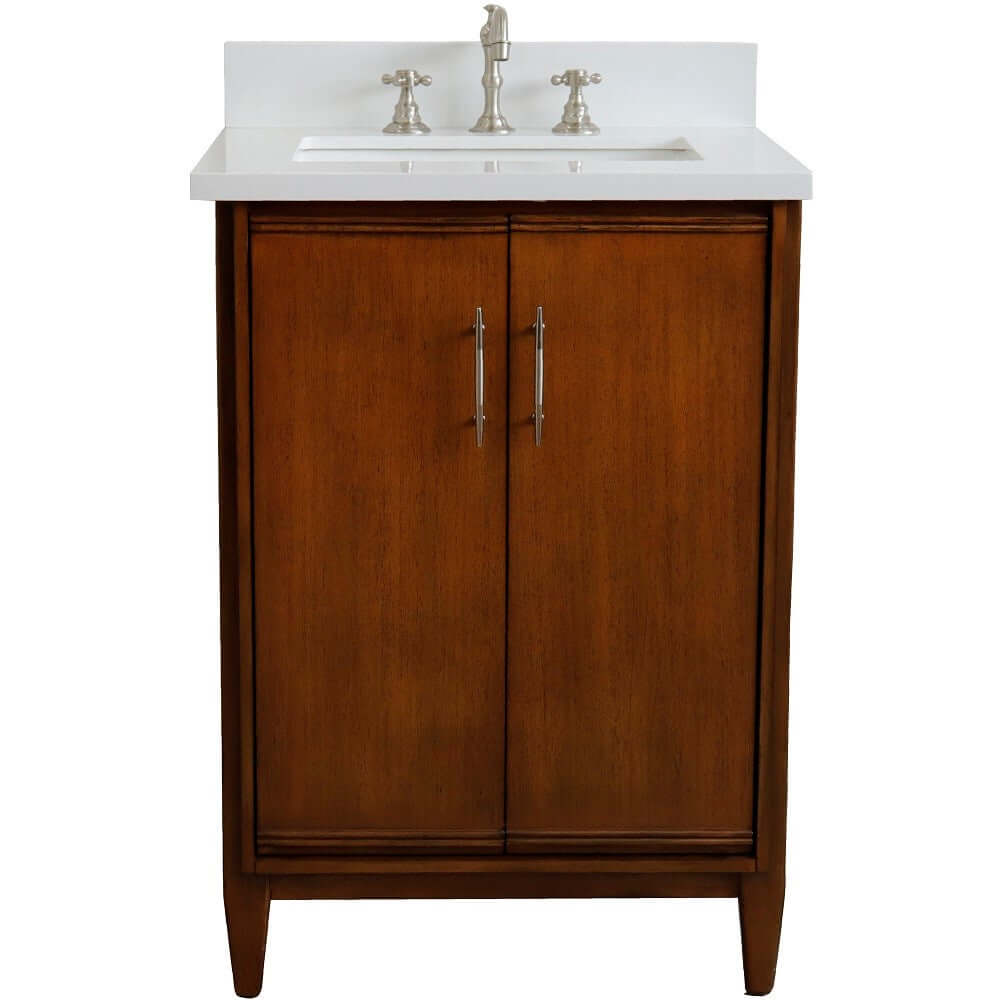 25" Single sink vanity in Walnut finish with White quartz and rectangle sink - 400901-25-WA-WER