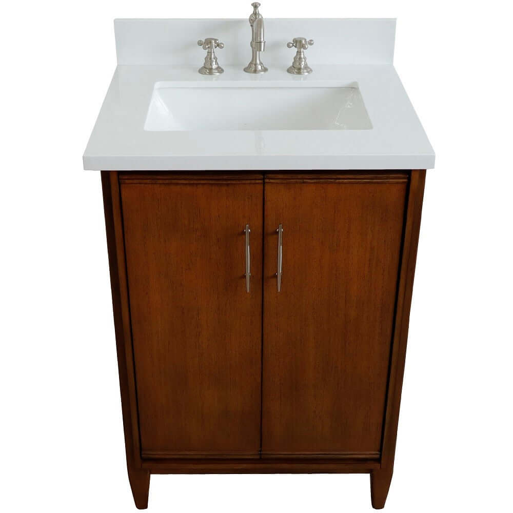 25" Single sink vanity in Walnut finish with White quartz and rectangle sink - 400901-25-WA-WER